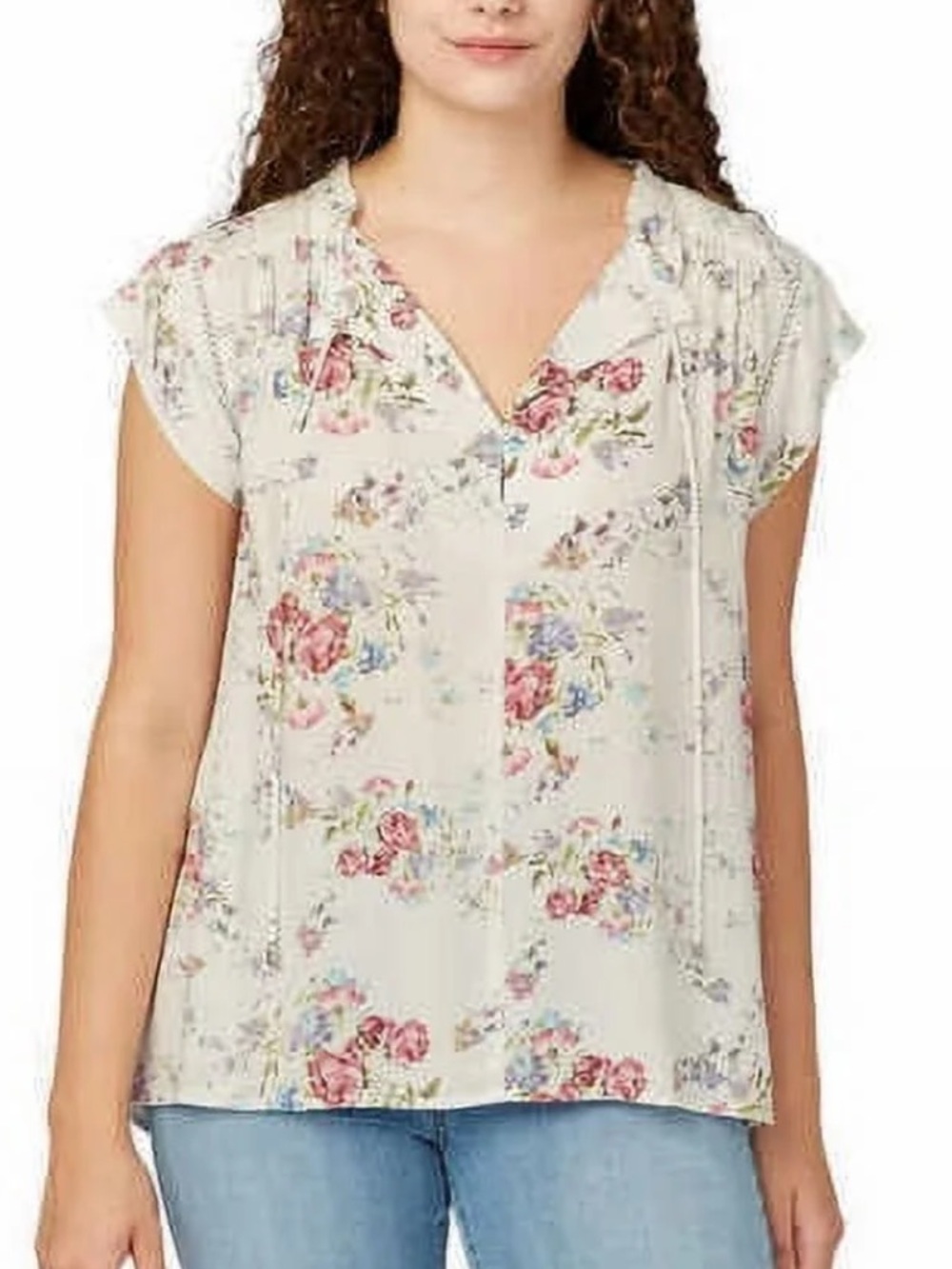 Buffalo David Bitton Flutter Sleeve V Neck Tie Ivory Floral Top Ladies XXL